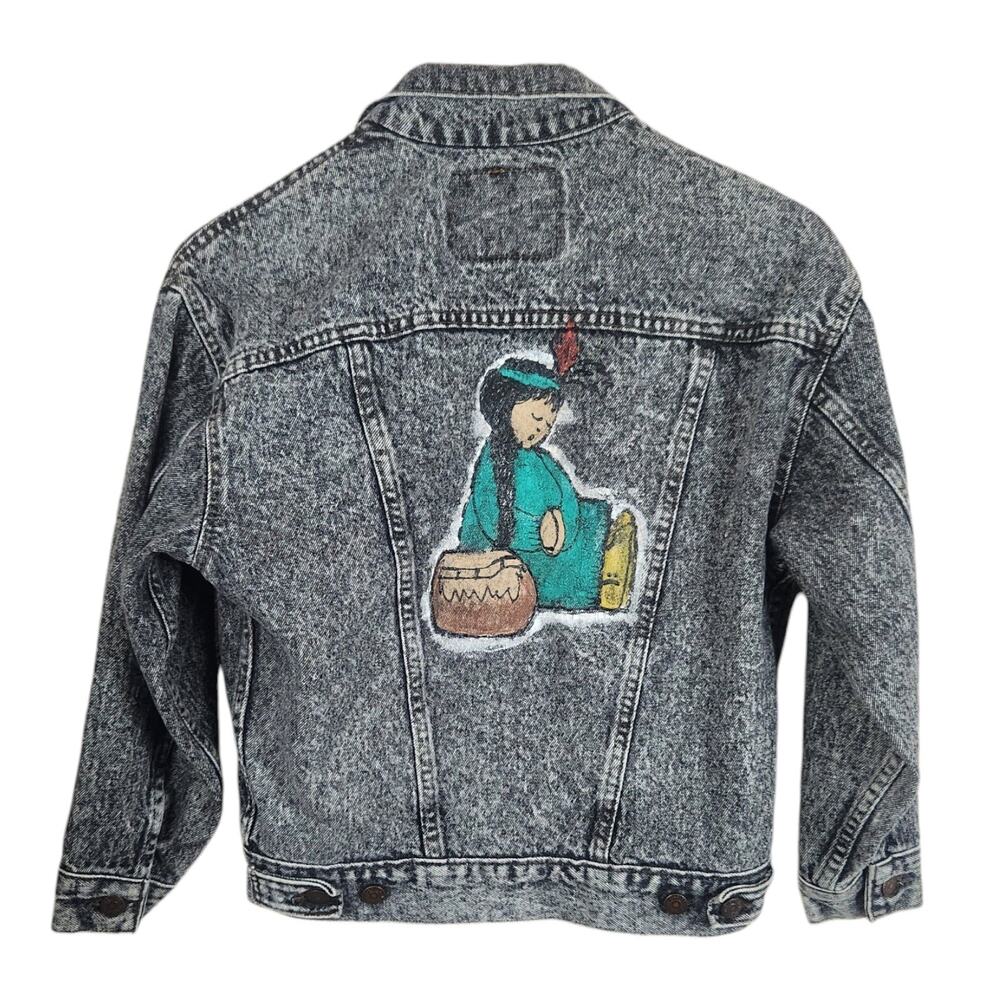 Handpainted Vintage Levi Jacket Kids Large Acid Wash Native American Child Art